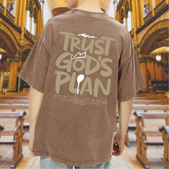 God Christian T-Shirt for Men – Trust God's Plan Jesus Faith Graphic Vintage Washed Cotton Oversized Tee