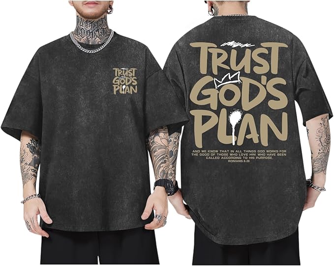 God Christian T-Shirt for Men – Trust God's Plan Jesus Faith Graphic Vintage Washed Cotton Oversized Tee