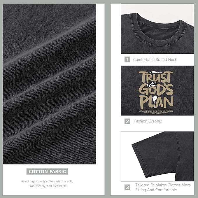 God Christian T-Shirt for Men – Trust God's Plan Jesus Faith Graphic Vintage Washed Cotton Oversized Tee